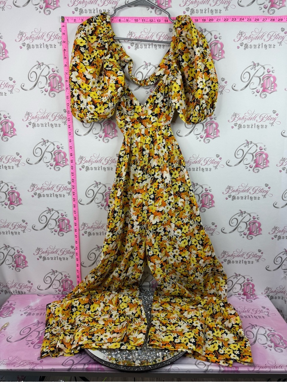 Urban Outfitters jumper one piece pants Yellow Floral Puff-Sleeve Jumpsuit